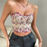 Vemina Y2K Embroidery Floral Strapless Tube Crop Top