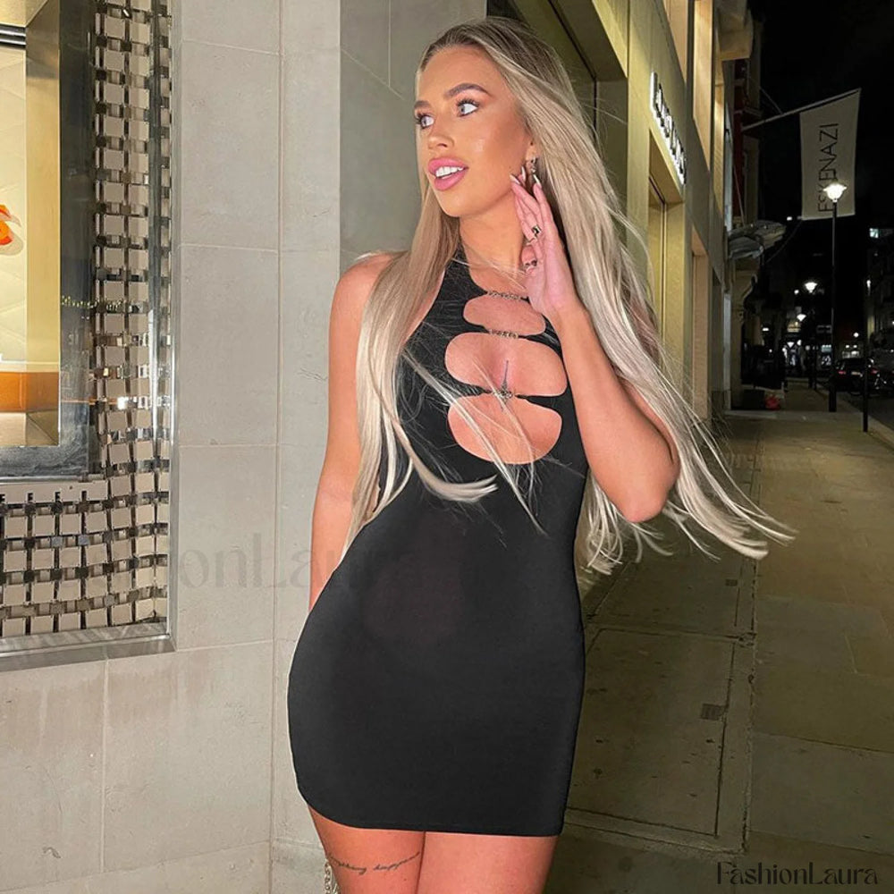 Versatile Glove Open Back Cutout Party Mini Dress Black S / Black Party Dresses