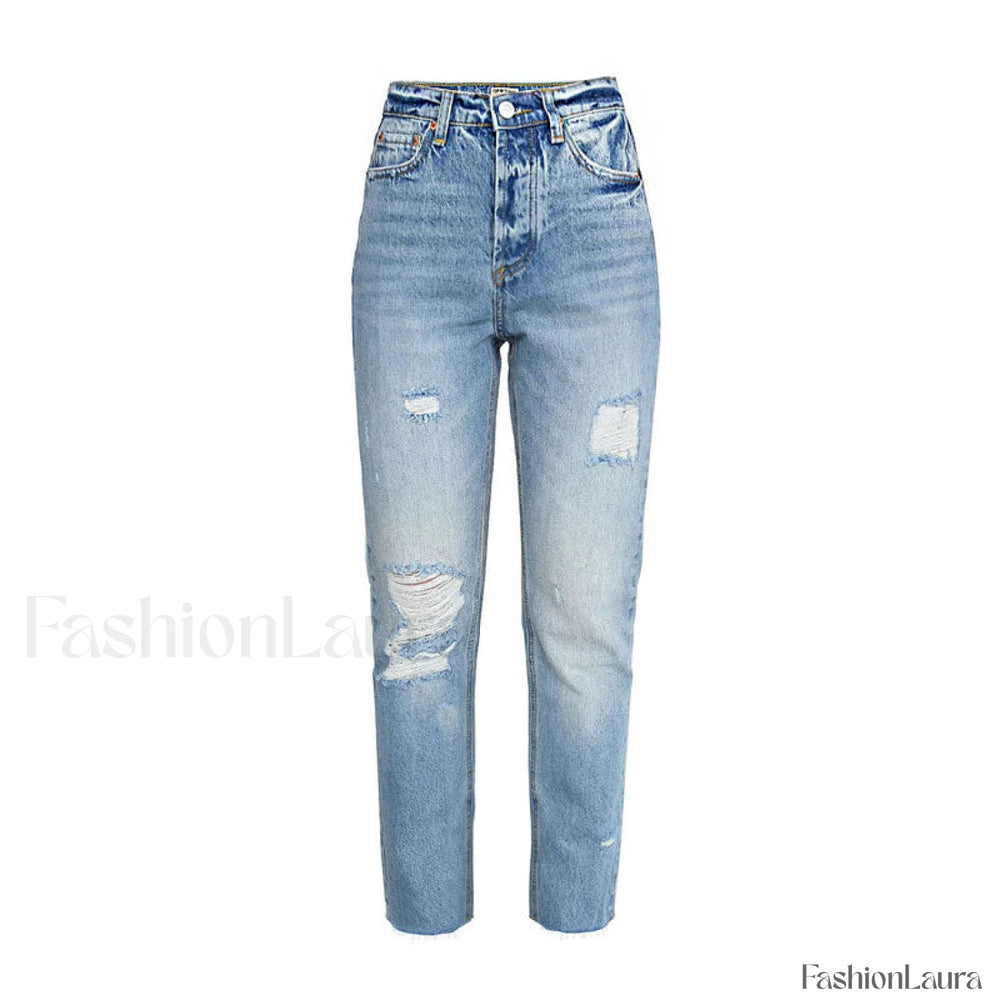 Vibrant Cut Out Faded Frayed Straight Leg Jeans Light Blue L / Light Blue Jeans