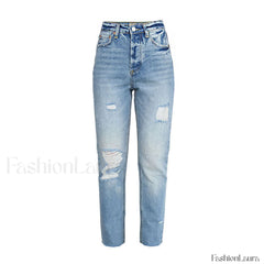 Vibrant Cut Out Faded Frayed Straight Leg Jeans Light Blue L / Light Blue Jeans