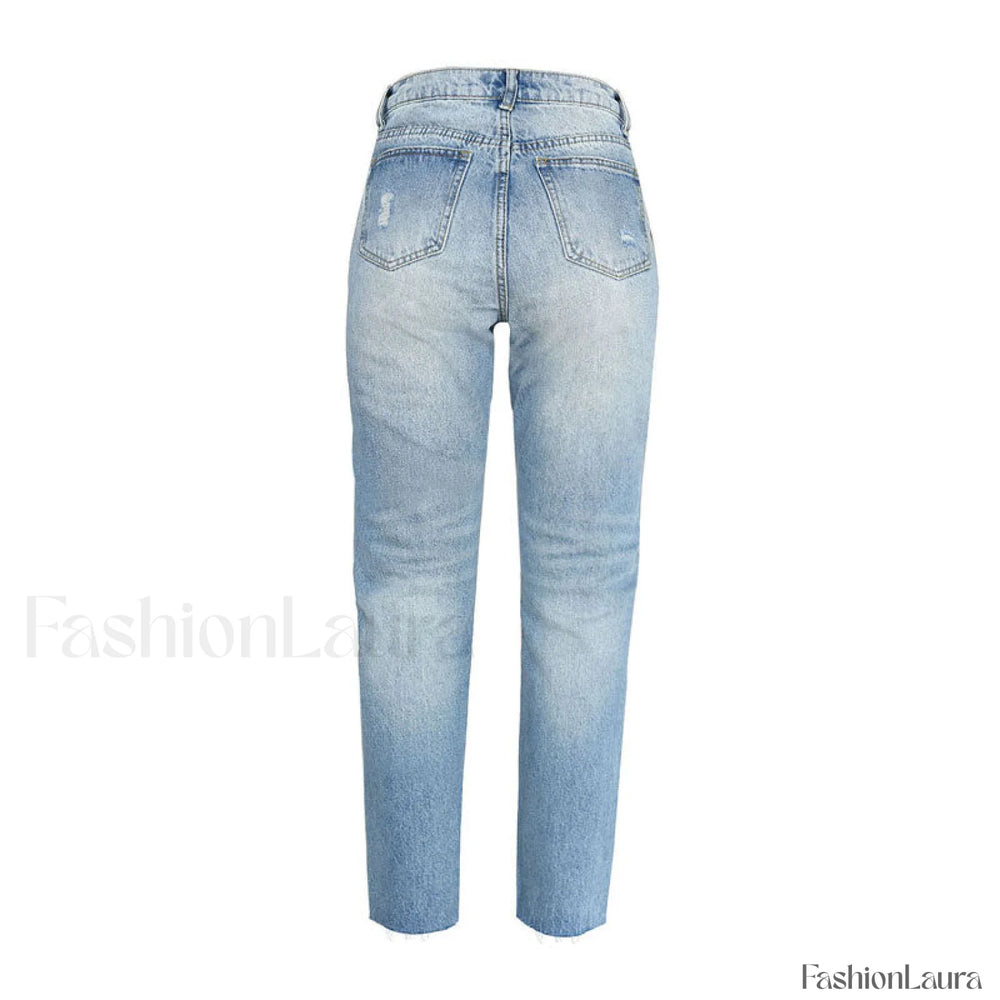 Vibrant Cut Out Faded Frayed Straight Leg Jeans Light Blue XL / Light Blue Jeans