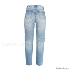 Vibrant Cut Out Faded Frayed Straight Leg Jeans Light Blue XL / Light Blue Jeans