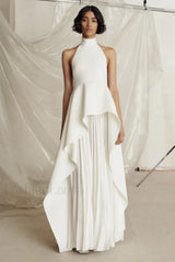 Victoria Layered Stylish Halter Gown Set S / White