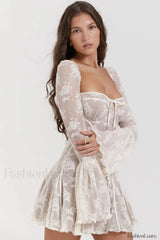 Vintage Cream Stylish Lace Belted Dress
