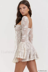 Vintage Cream Stylish Lace Belted Dress