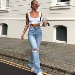 Vintage High Waist Cut Out Frayed Straight Leg Jeans Light Blue M / Light Blue Jeans