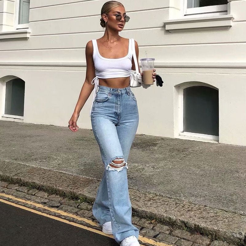 Vintage High Waist Cut Out Frayed Straight Leg Jeans Light Blue M / Light Blue Jeans