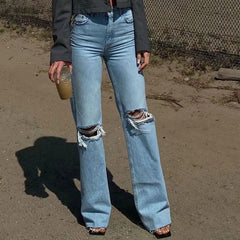 Vintage High Waist Cut Out Frayed Straight Leg Jeans Light Blue S / Light Blue Jeans
