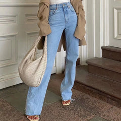 Vintage High Waist Frayed Trim Wide Leg Jeans Light Blue L / Light Blue Jeans