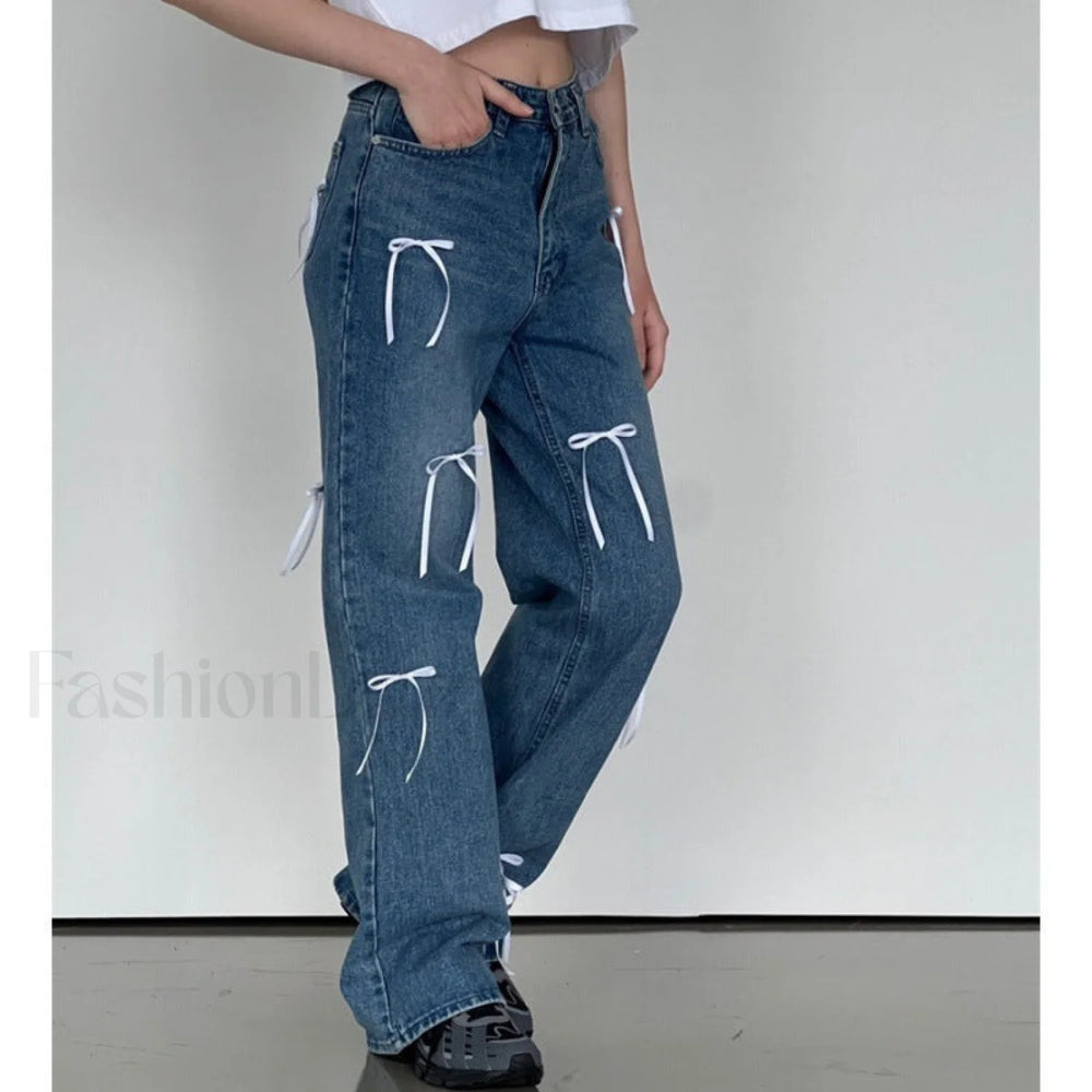 Vintage High Waist Trendy Bow Wide Leg Jeans women clothing