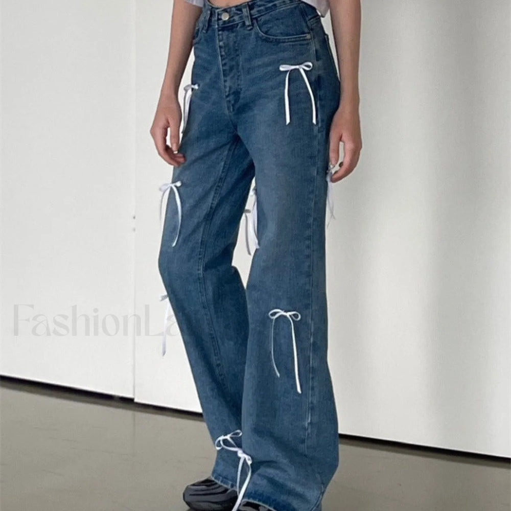 Vintage High Waist Trendy Bow Wide Leg Jeans women clothing