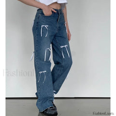 Vintage High Waist Trendy Bow Wide Leg Jeans women clothing