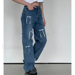 Vintage High Waist Trendy Bow Wide Leg Jeans women clothing
