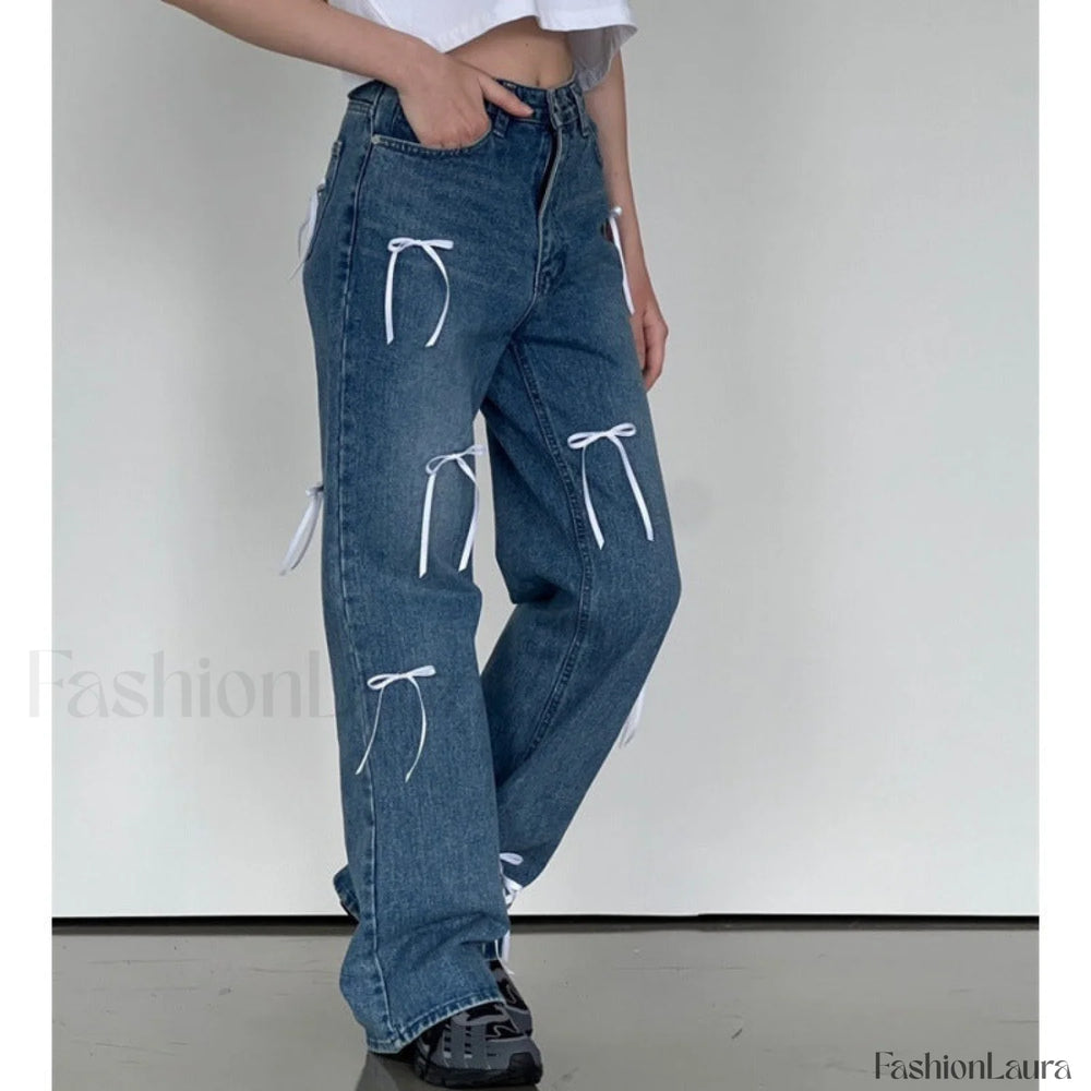 Vintage High Waist Trendy Bow Wide Leg Jeans women clothing