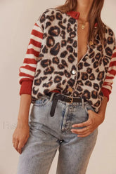 Vintage Leopard Print Knit Cardigan Red / S
