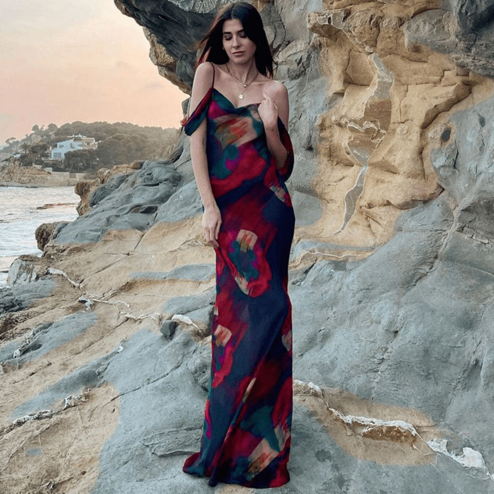 Vintage Print Cowl Neck Cold Shoulder Vacation Maxi Dress Red S / Red Vacation Dresses