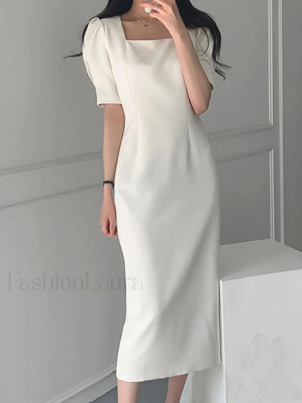 Vintage Puff Sleeve Split Maxi Dress White / S Midi Dresses