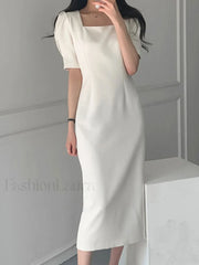 Vintage Puff Sleeve Split Maxi Dress White / S Midi Dresses