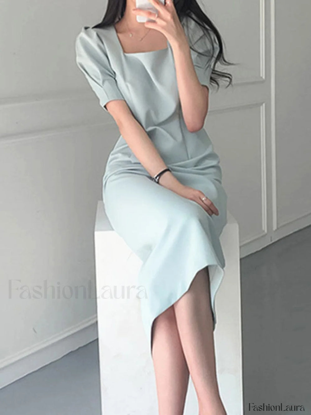Vintage Puff Sleeve Split Maxi Dress Midi Dresses