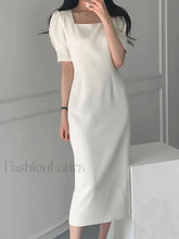 Vintage Puff Sleeve Split Maxi Dress White / S Midi Dresses