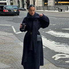 Vintage Striped Long Trench Coats Women Casual Loose Single Button Overcoats with scarf / S