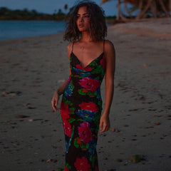 Vintage Style Floral Printed Cowl Neck Slip Maxi Dress Black L / Black Vacation Dresses