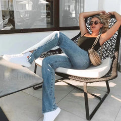 Vintage Style High Waist Side Slit Straight Leg Jeans Dark Blue L / Dark Blue Jeans