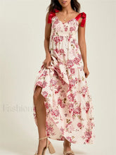 Vintage Tie Up Strap Floral Dress red / S
