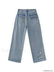 Vintage Wash Distressed Star Patch Boyfriend Jeans Boyfriend Jeans