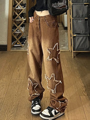 Vintage Wash Distressed Star Patch Boyfriend Jeans Boyfriend Jeans