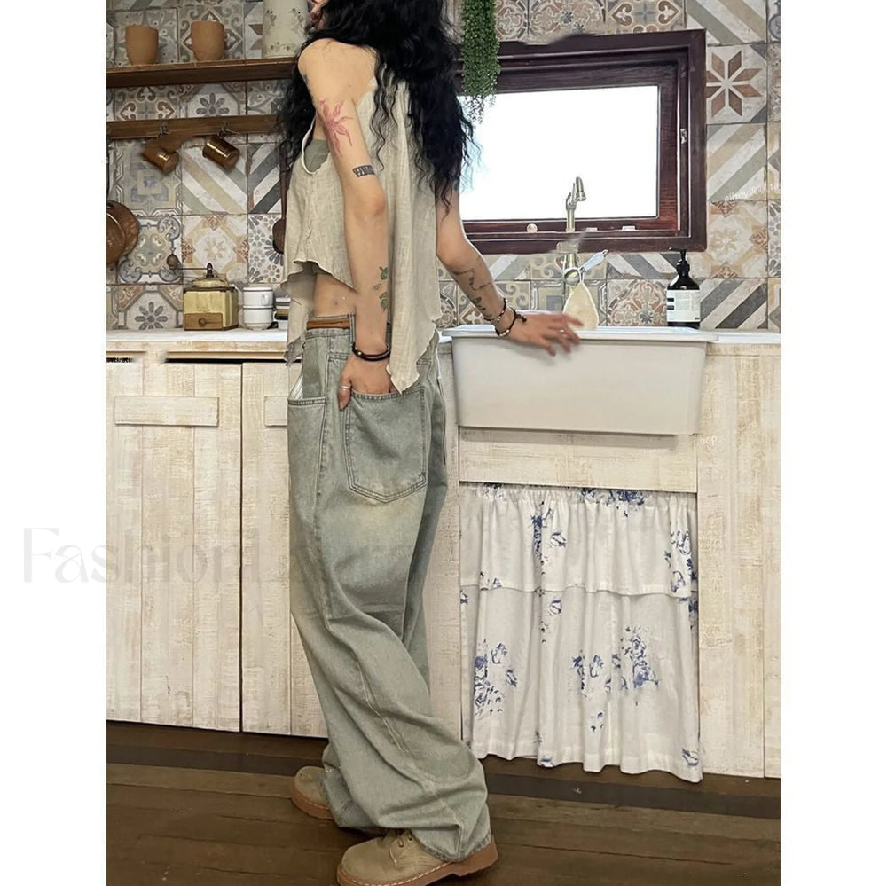 Vintage Washed Mopping Trendy Loose Boyfriend Jeans women clothing