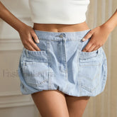 Washed Denim Bubble Pocket Skirt