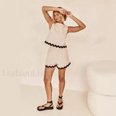 Wave Stripe Patchwork O Neck Tops Fashion Shorts Two Piece Set