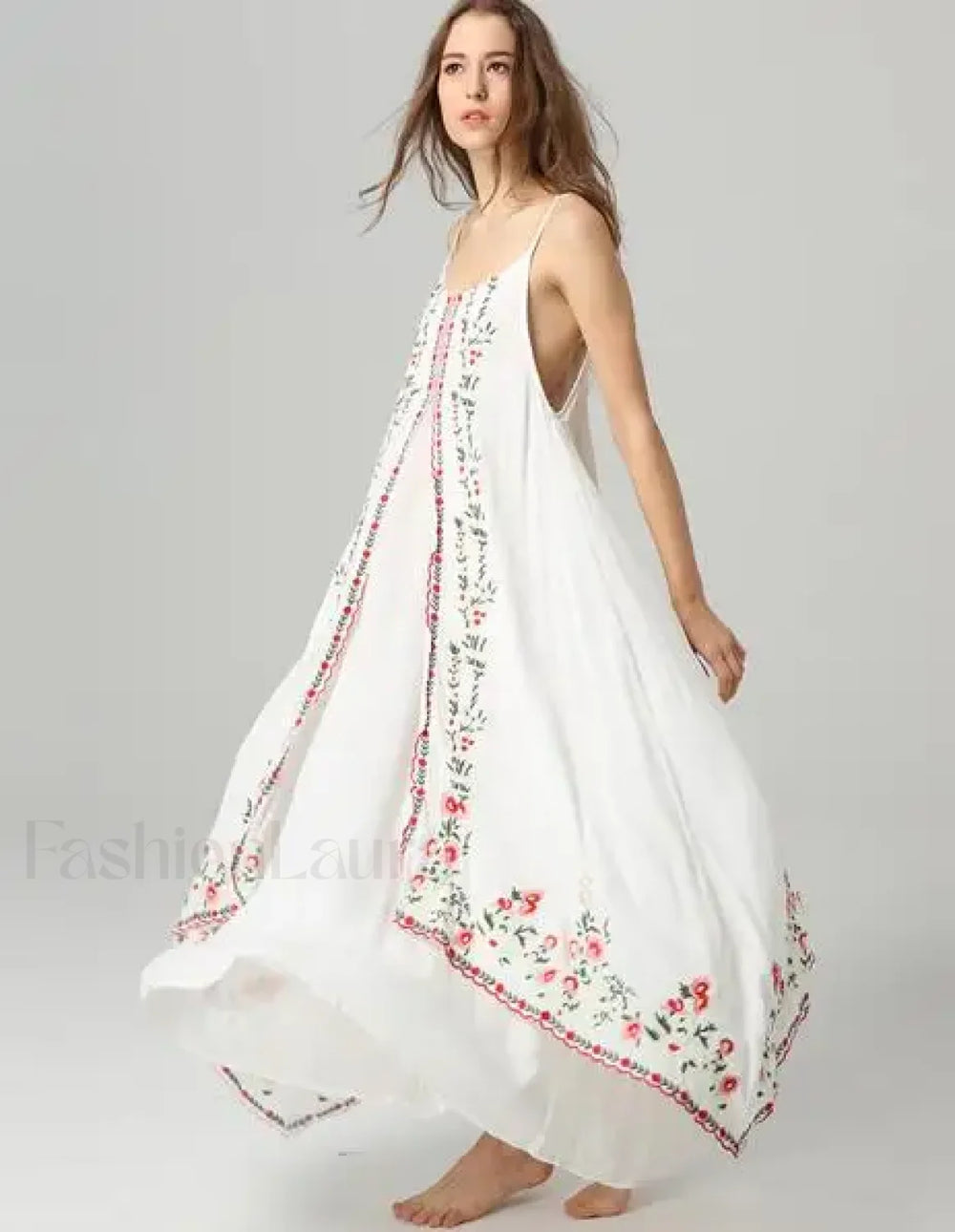 White Floral Embroidered Boho Dress Beige / S