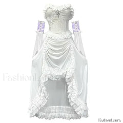 White Gothic Rope Lace Flying Sleeve Stiletto Strap Asymmetric Light Lolita Summer Party Evening white with sleeve / S