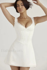 White Pin Stylish Pleated Mini Dress