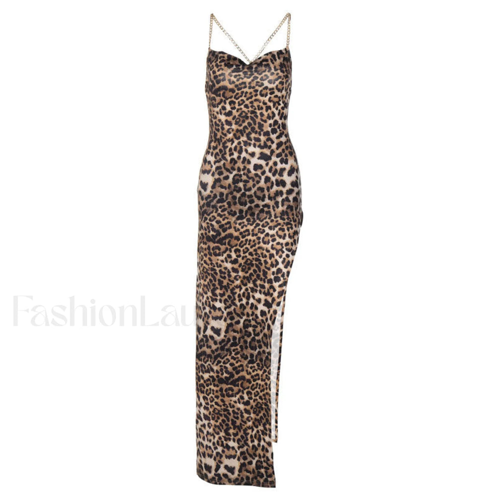 Wild Printed High Slit Cowl Neck Cross Chain Maxi Dress Leopard Party Dresses