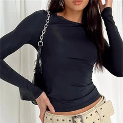 Women Long Sleeve Solid Slim Fit Casual Crop Top