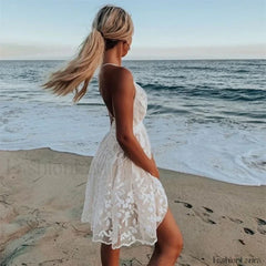 Women Summer Sundress White Floral Embroidery Mesh Sexy Backless Beach Clothes Lace Dress WHITE / S