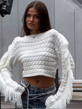 Women Vintage Solid Tassel Short Fashion Long Sleeve Knitted Pullover Sweater White / S Sweaters L