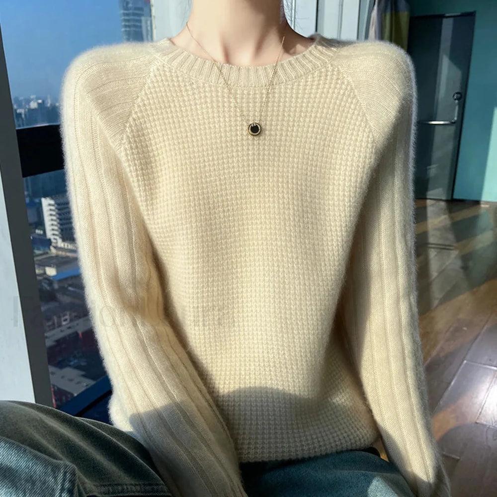 Women’s Autumn Winter O neck Long Sleeve Merino Wool Pullover Padded Cashmere Sweater Beige / S Sweaters L