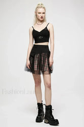 Women’s Mesh Panel Plaid High Waist Short College Style Stitched A line Youth Girl Mini BLACK / S