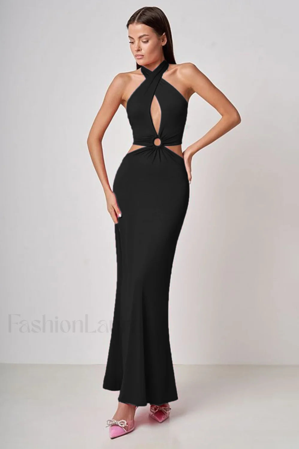 Wrap Front Cutout Charming Backless Maxi Dress S / Black