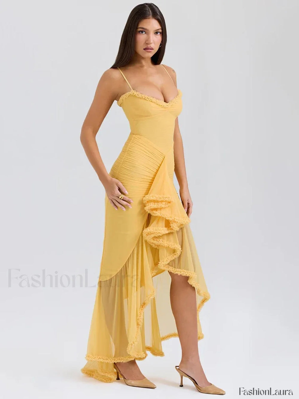 Yellow Ruffled Spaghetti Midi Dress