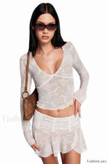 Yvette Top Stylish + Skirt Set XS / White Lace