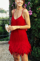 Yvonne Sequin Stylish Feather Cocktail Dress S / Red