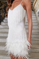 Yvonne Sequin Stylish Feather Cocktail Dress XXL / White