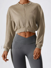 Zip Up Graceful Rib Crop Sweatshirt Khaki / S Sweatshirts