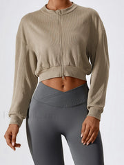 Zip Up Graceful Rib Crop Sweatshirt Khaki / S Sweatshirts