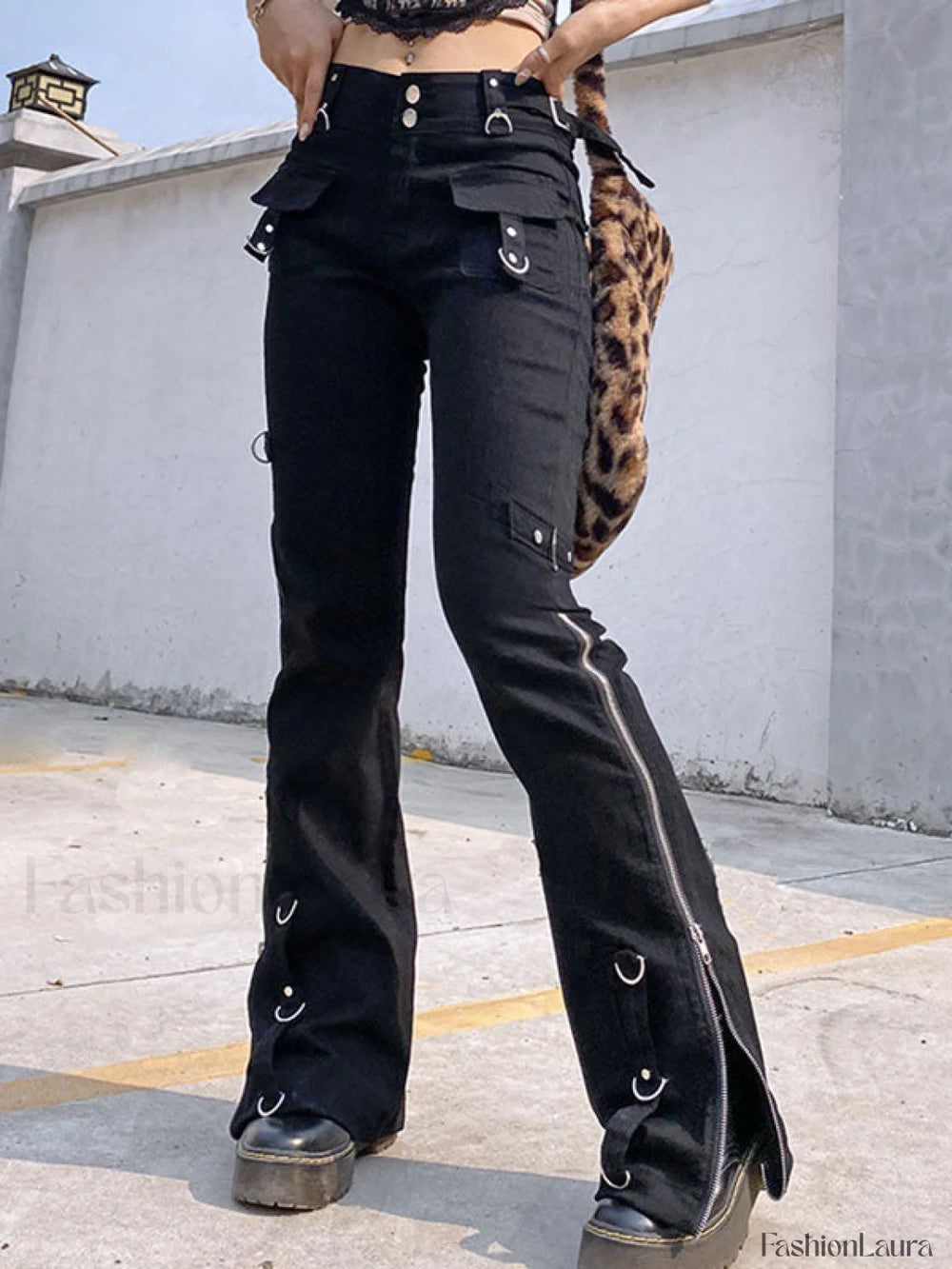 Zipper Design Low Waist Flare Cargo Jeans Cargo Jeans